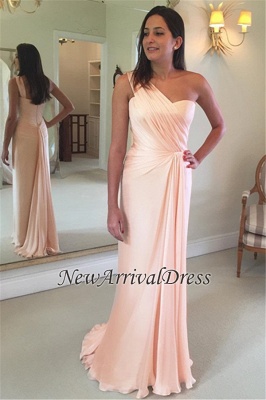 One-Shoulder Pink Sleeveless Sheath Ruffles Prom Dress_3