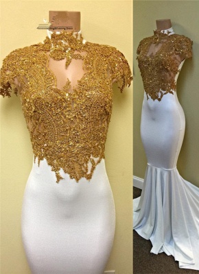 Gold Lace Appliques Cap Sleeve White Mermaid Gorgeous Prom Dresses_2