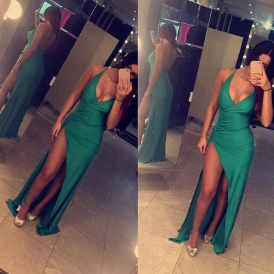 Back Green Long Dark Side-Slit Sexy Crisscross Evening Dress_3