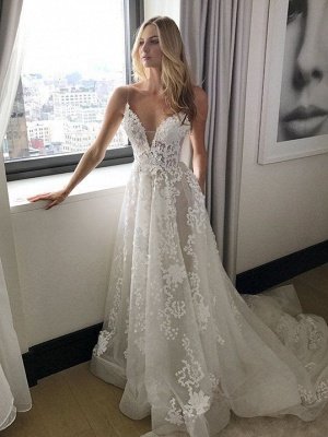 Tulle New Arrival A-line  Lace Applique Spaghetti Strap Elegant Wedding Dresses_2