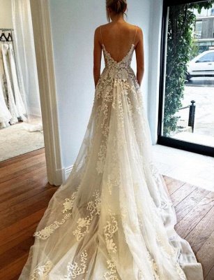 Tulle New Arrival A-line  Lace Applique Spaghetti Strap Elegant Wedding Dresses_3