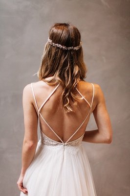 New Arrival Spaghetti Strap Summer Dresses A-Line Tulle Open Back Bridal Gowns_4