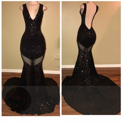 Open Back V-neck Sequined Mermaid Black Sleeveless Prom Dresses_3