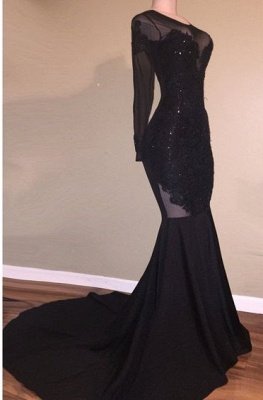 Long Sleeve Black Appliques Evening Gowns | Mermaid Open Back Prom Dresses_1
