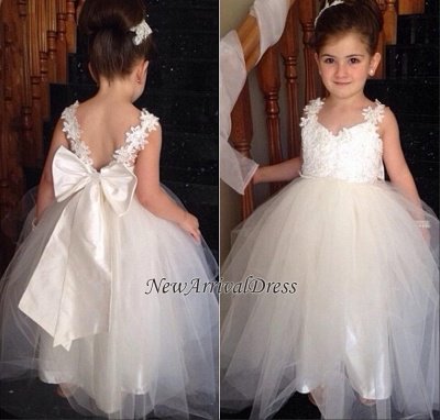 Lace Cute Flower Bowknot Backless Tulle White Girl Dresses_4