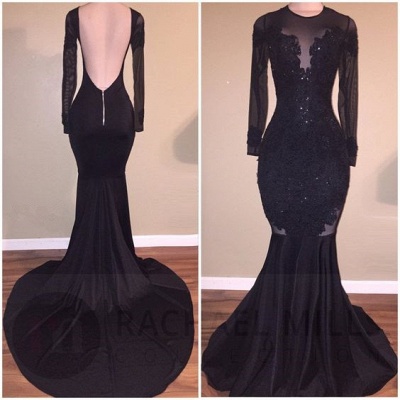 Long Sleeve Black Appliques Evening Gowns | Mermaid Open Back Prom Dresses_2