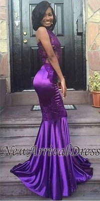 Mermaid Sleeveless Halter Sexy Lace Purple Open-Back Appliques Prom Dress_1
