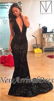 Open-Back Black Deep-V-Neck Halter Mermaid Sequins Prom Dress_1