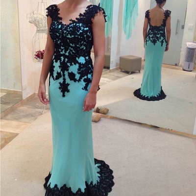 Black Lace Applique Evening Gowns Prom Dresses V Neck Backless Court Train Prom Dresses_2