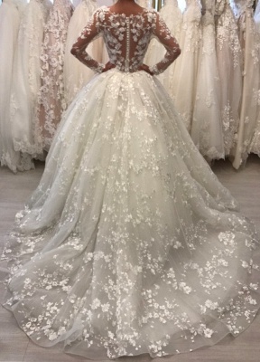 Lace Long Sleeve Ball Gown Wedding Dresses 2021 | Sheer Tulle Appliques Bridal Gowns Online_3