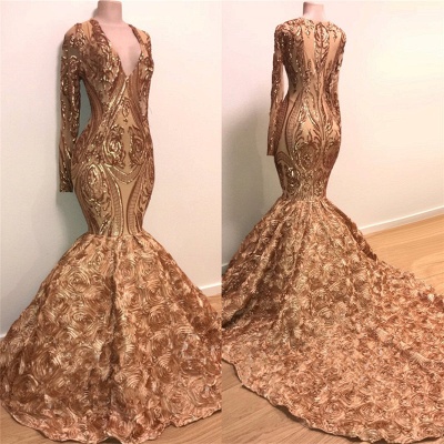 V-Ausschnitt Langarm Gold Sparkle Appliques Abendkleid | Mermaid Flowers Real Prom Dress auf Schaufensterpuppen BC1373_2