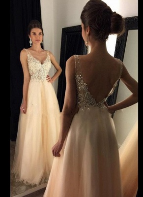 Champagne Beaded Long Open-Back Lace V-Neck A-line Prom Dresses BA4046_2