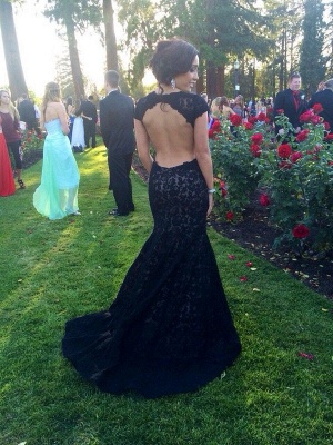 Black Lace Open Back Evening Gowns Capped Sleeves Sexy Long Mermaid Prom Dresses_3