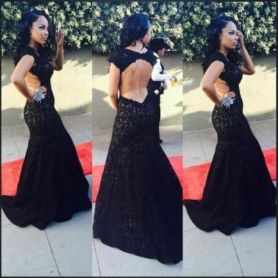 Black Lace Open Back Evening Gowns Capped Sleeves Sexy Long Mermaid Prom Dresses_2