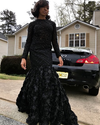 Robe de bal noire à manches longues | Robe de soirée dos nu avec fond de fleurs_3