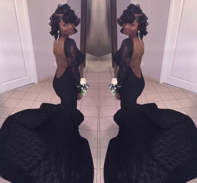 Sexy Lace Black Mermaid Long Sleeve Backless Prom Dress_3