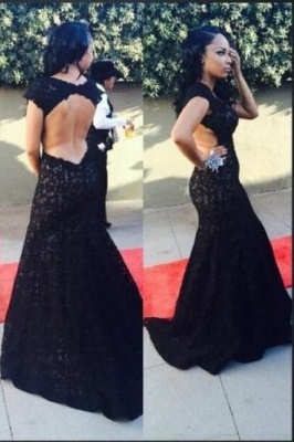 Black Lace Open Back Evening Gowns Capped Sleeves Sexy Long Mermaid Prom Dresses_1