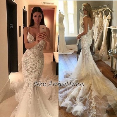 Online Sexy Spaghetti Straps Lace Charming Tulle Button Mermaid Wedding Dresses Cheap_1