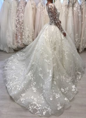 Robes de mariée en dentelle à manches longues en robe de bal 2021 | Sheer Tulle Appliques Robes De Mariée en ligne_2