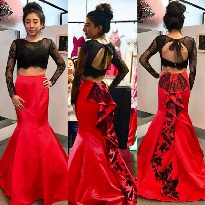 Newest Two Piece Black Lace Red Mermaid Skirt Prom Dress_3