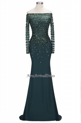 Robe de soirée sirène à manches longues et paillettes vert foncé_6