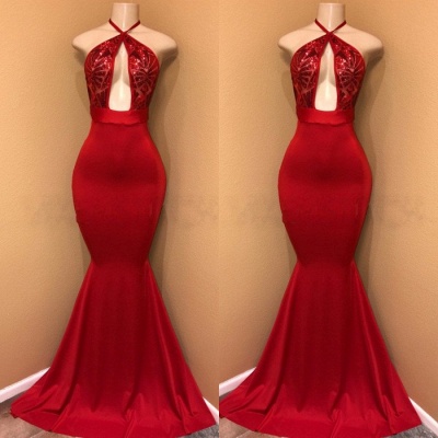 Sexy Red Sequins Prom Dress |Mermaid Halter Evening Party Gowns BA8975_3