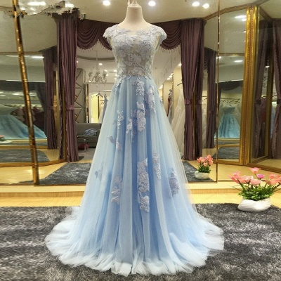 Delicate Cap Sleeve Jewel Custom Made A-line Lace Chiffon Prom Dresses_3
