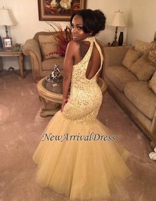 Sleeveless Champagne-Gold Open-Back Shiny Halter Sequins Mermaid Prom Dress_1