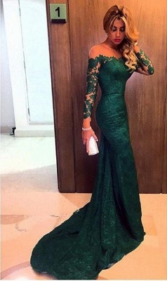 Dark Green Evening Gowns Long Sleeves Lace Glamorous Mermaid Prom Dresses_2