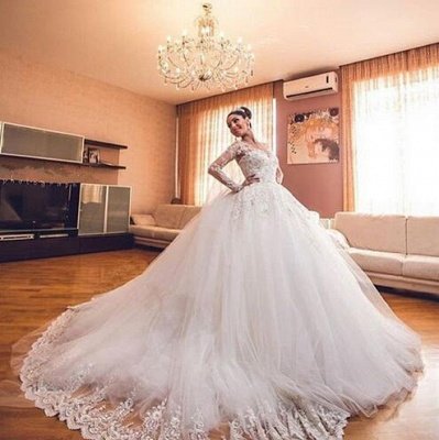 Luxurious Tulle Elegant Long Sleeve  Online Sweetheart Ball Gown Wedding Dresses_5