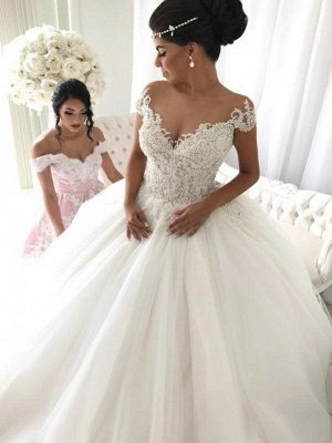Elegant Sleeveless Cheap Ball Gown Wedding Dresses | Off The Shoulder V-Neck Bridal Gowns Cheap_1