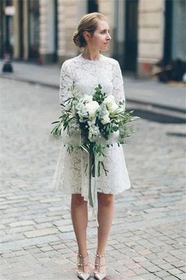 Robes de mariée courtes blanches en dentelle à manches longues | Chic A-ligne Pas Cher Robes De Mariée Courtes_1