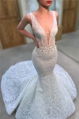 Sexy Straps V-neck Beads Lace Wedding Dresses 2021 | Sleeveless Mermaid Court Train Bridal Gowns_1