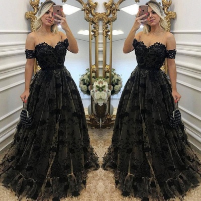 Sexy Black Lace Neck Applique Short Sleeves Long Formal Prom Dresses_3