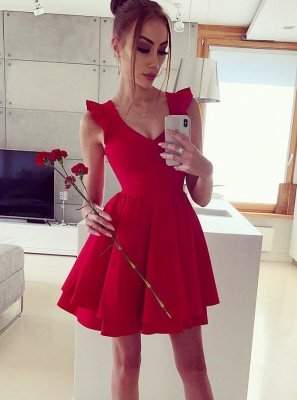 Sexy Red Ruffled V-neck A-line Sleeveless Short Homecoming Dress_1