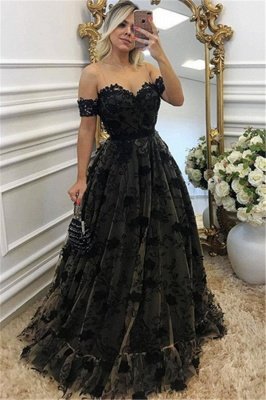 Sexy Black Lace Neck Applique Short Sleeves Long Formal Prom Dresses_1