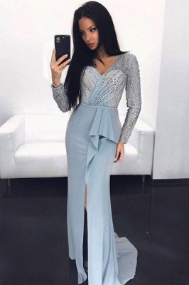 Bling Long Sleeve Front Split Sequined V-neck Prom Dress_3