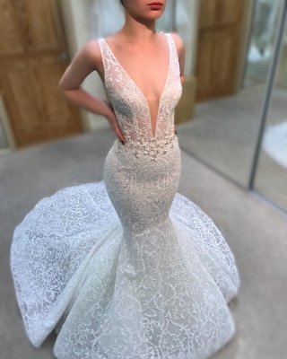 Sexy Straps V-neck Beads Lace Wedding Dresses 2021 | Sleeveless Mermaid Court Train Bridal Gowns_3