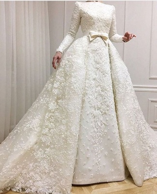 Muslim Lace Appliques Jewel Ball Gown Bridal Dress | Luxury Beaded Overskirt Long Sleeve Wedding Dresses  Online_3