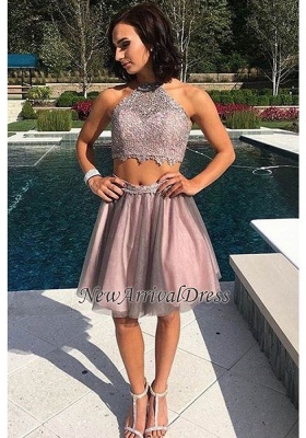 Lace Tulle Sexy A-Line Homecoming Dresses Pieces Lavender Halter Two Cocktail Dresses_1