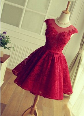 Delicados apliques de encaje rojo Mini vestidos de fiesta cortos sexy con manga casquillo_1