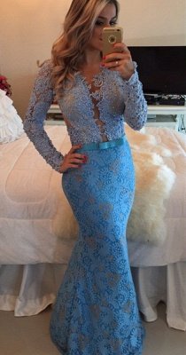 Sheer Long Sleeves Lace Mermaid Prom Dresses Floor Length Evening Gowns with Buttons BT00_1