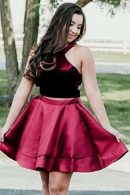 Newest Two Piece Velvet Halter Sleeveless Homecoming Dress | Short Party Gown_1