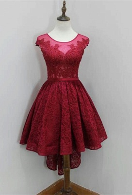 Modest Red Lace Appliques Hi-Lo Cap Sleeve Sexy Short Homecoming Dresses_1