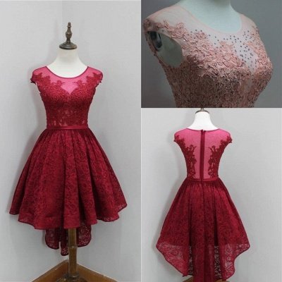 Modest Red Lace Appliques Hi-Lo Cap Sleeve Sexy Short Homecoming Dresses_4