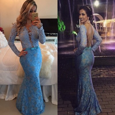 Sheer Long Sleeves Lace Mermaid Prom Dresses Floor Length Evening Gowns with Buttons BT00_2