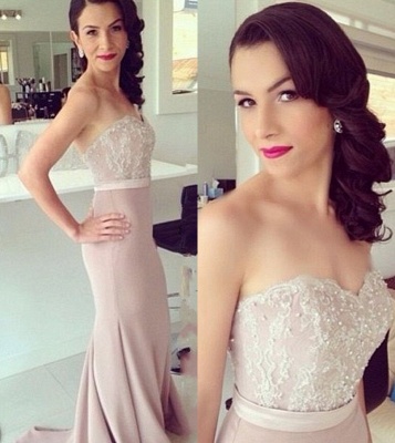 New Strapless Sweetheart Lace Beaded Mermaid Bridesmaid Dresses Pearl Pink Maid of Honor Dresses_1