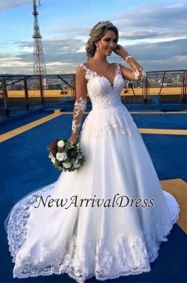 Lace Appliques Long Sleeve Wedding Dresses  | Gorgeous  A-Line V-Neck Bridal Gowns_1