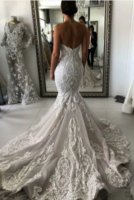 Sirena sin tirantes de encaje apliques vestidos de novia | Vestidos de novia con espalda abierta sexy baratos_2