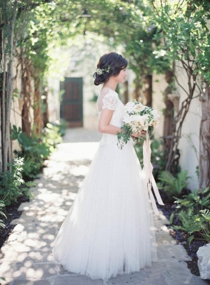 Short Sleeve Floor Length New Arrival Lace Appliques Vintage Tulle Princess Wedding Dresses_3